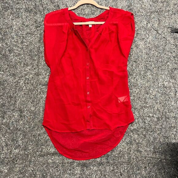Olsenboye Blouse Shirt Women S Red Short Sleeve Thin Lightweight Button Sheer - Picture 1 of 8